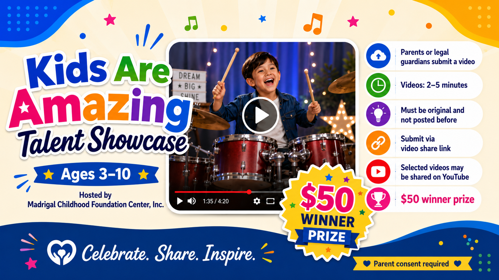 Kids Are Amazing Talent Showcase banner with contest details